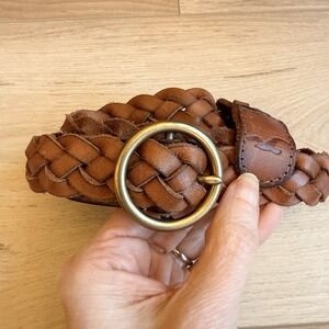 Hollister Braided Leather Belt in Brown with Brass Ring Buckle